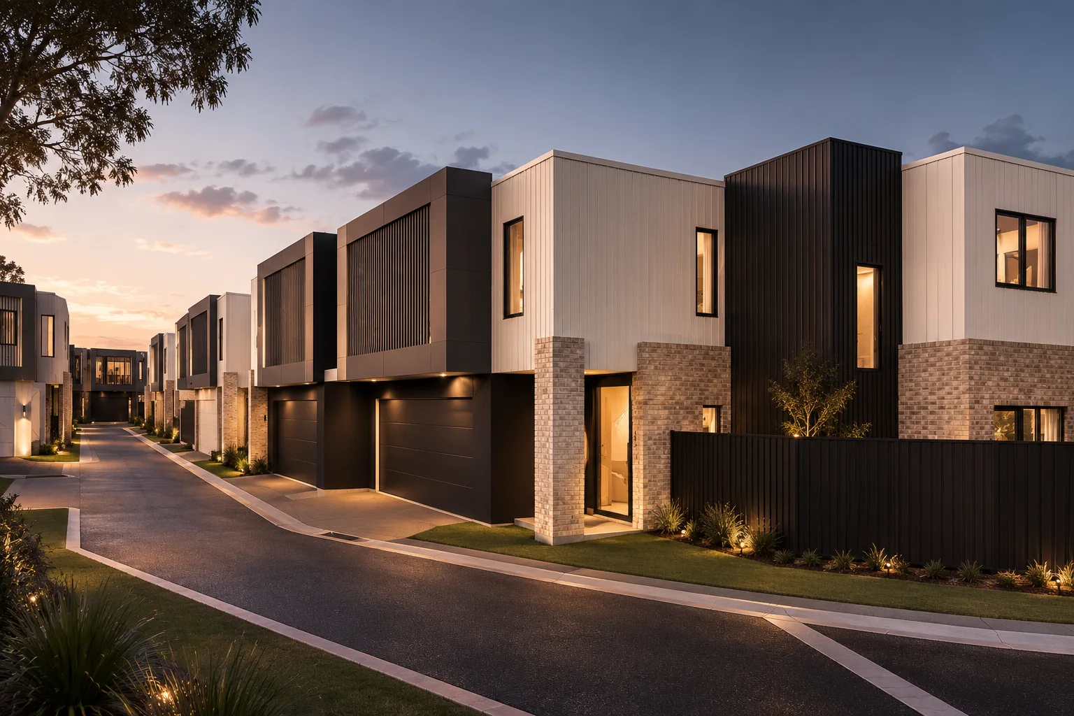 Ace Lane residences along the private laneway at dusk