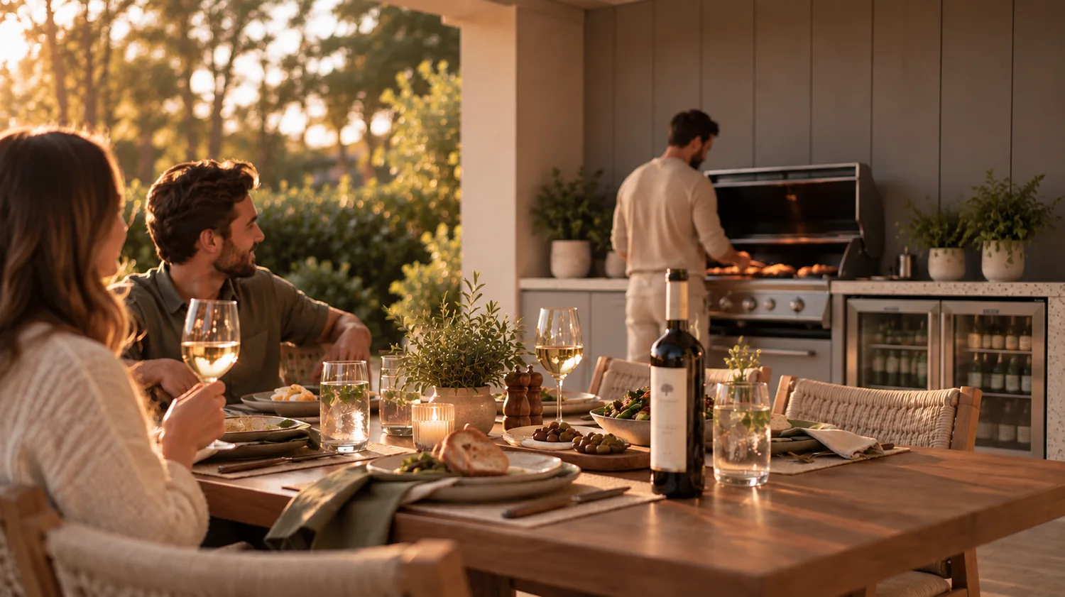 Alfresco dining beside the built-in barbecue at dusk