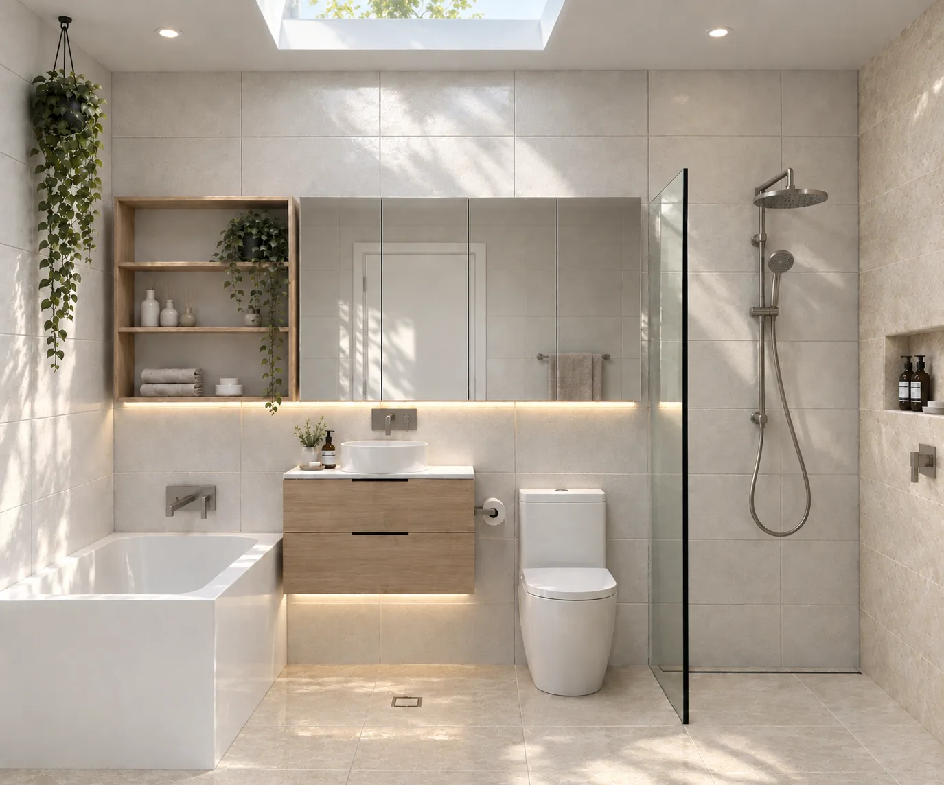 Main bathroom with bath, skylight and walk-in shower