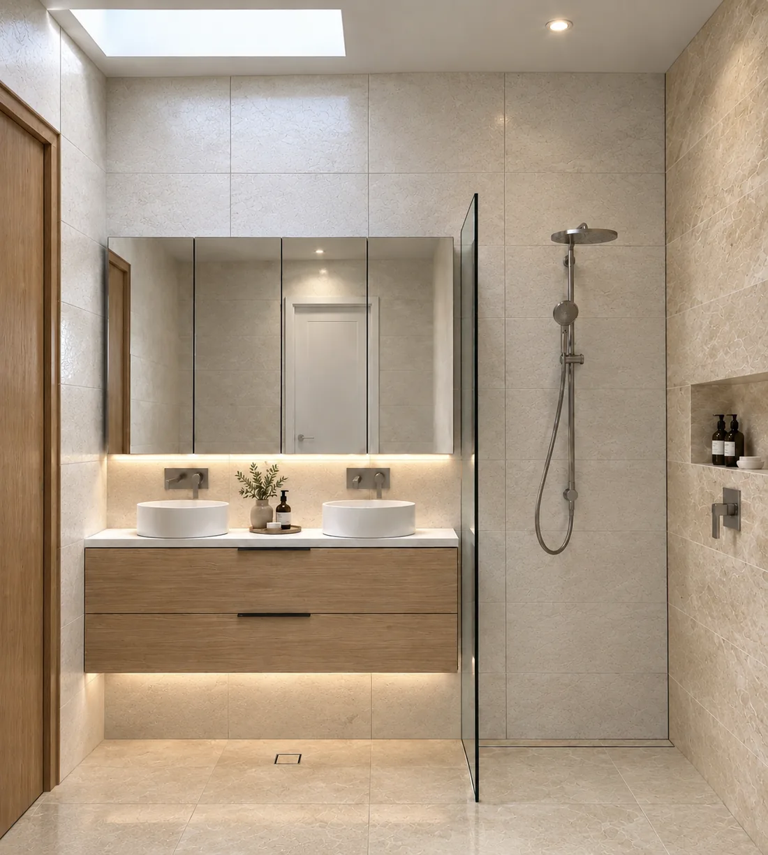 Ensuite with double vanity, skylight and walk-in shower