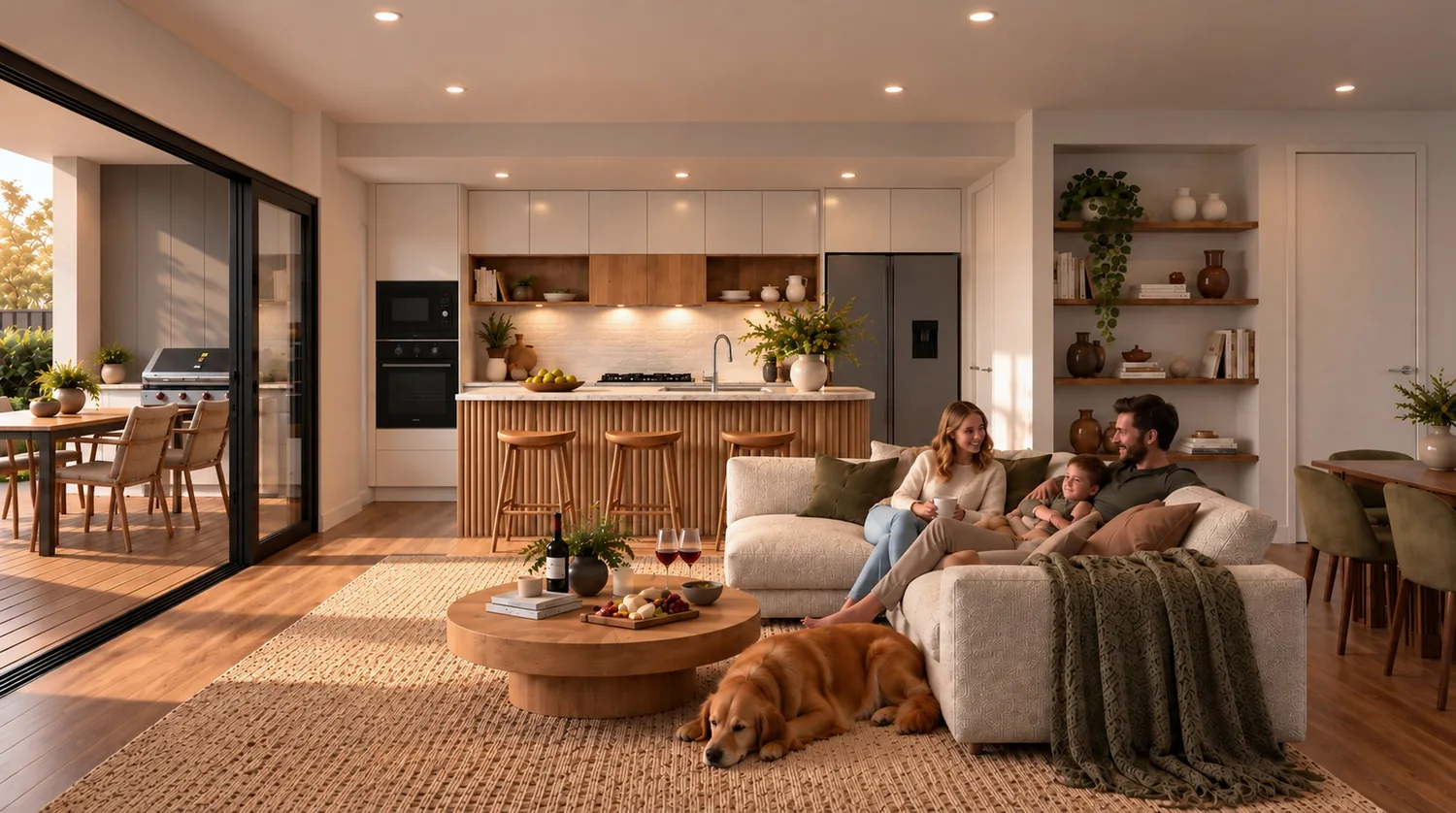 Open plan kitchen and living opening to the alfresco deck