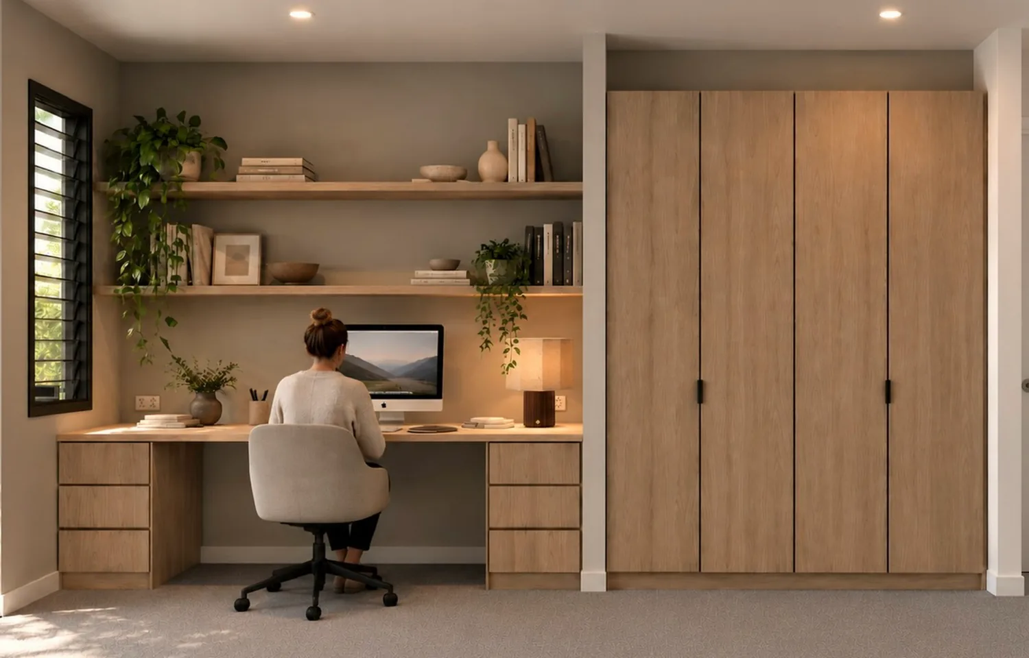 The study, with built-in desk, shelving and storage