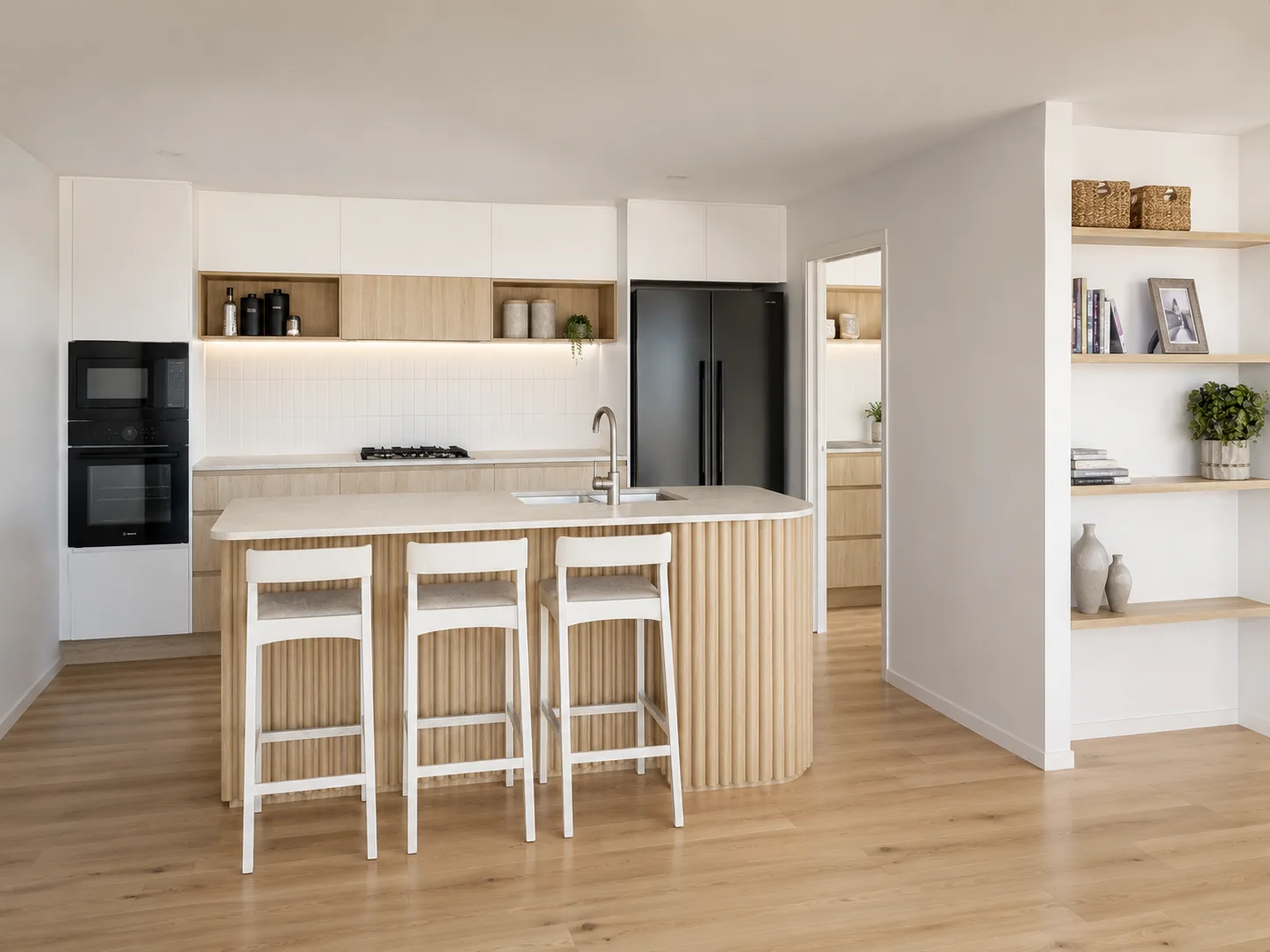 Kitchen with oak battened island and stone benchtop